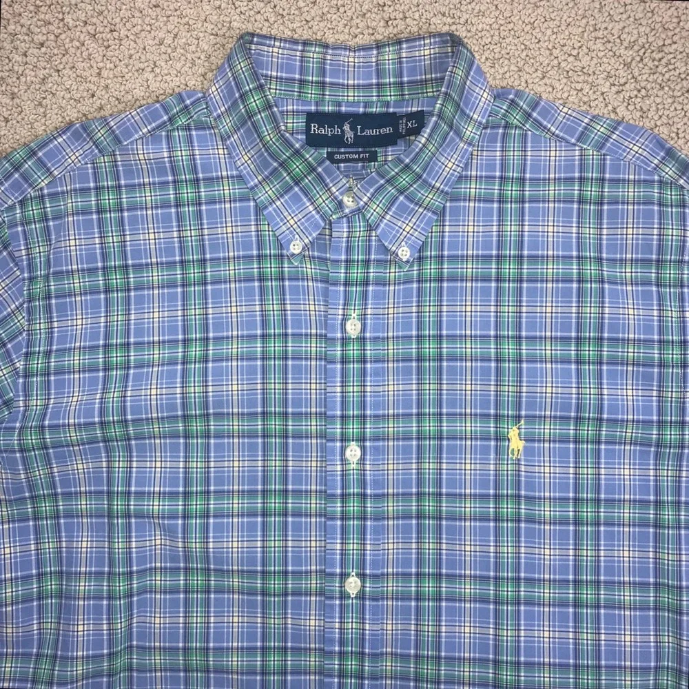 Ralph Lauren Mens XL‎ Custom Fit Plaid Button Down Shirt Blue Green Long Sleeve
